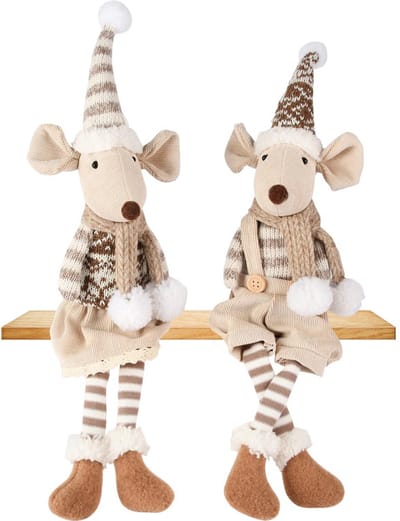 Dekoratief | Muisje zittend m/hangbenen, beige/wit, stof, 8x5x43cm, set van 2 stuks | A255488