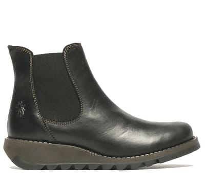 Fly London Dames Zwarte SALV Chelsea Leren Enkel Casual Wedge Heel Laarzen
