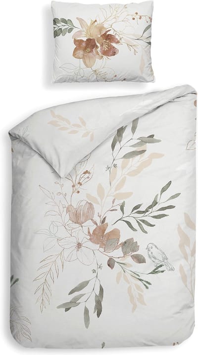 Heckettlane Dekbedovertrek Charlot - Bedlinnen met Bloemen print - 140x220 - Off-White - Dekbedhoes van 100% Katoen-Satijn