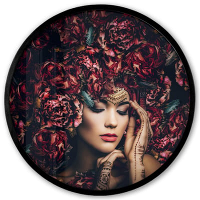 Poster in lijst Rond - Fotolijst 40x40 cm - Posters - Vrouw - Bloemen - Henna - Portret - Ronde posterlijst zwart - Decoratie - Wanddecoratie woonkamer - Muurdecoratie slaapkamer