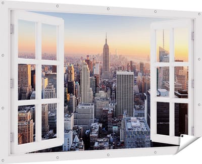 Gards Tuinposter Doorkijk New York Skyline met Wolkenkrabbers - 180x120 cm - Tuindoek - Tuindecoratie - Wanddecoratie buiten - Tuinschilderij