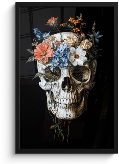 Poster in lijst - Fotolijst 40x60 cm - Posters - Bloemen - Schedel - Kleurrijk - Posterlijst zwart - Decoratie - Wanddecoratie woonkamer - Muurdecoratie slaapkamer