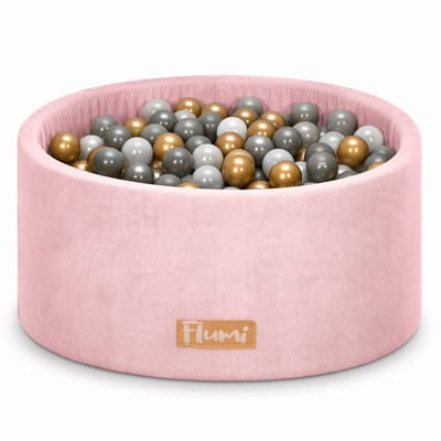 Flumi - Schuim Kinder Ballenbad - Inclusief 200 Ballen - Afneembare Hoes - Poederroze met Goudkleurige, Grijze en Parelmoerkleurige Ballen