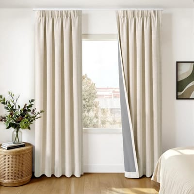 100% Verduisterende Gordijnen 2 Stuks, Linnenlook Gordijnen met Plooiband Thermisch Gordijn Koudewerende Ondoorzichtige Gordijnen, voor Woonkamer Slaapkamer,140 x 245 cm, Crème