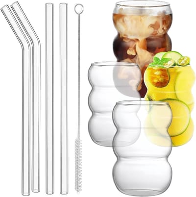 Drinkglazen Set - Glazen met Rietjes - Dranken Serveren - Hittebestendig Borosilicaatglas - 550 ml Inhoud - Transparant