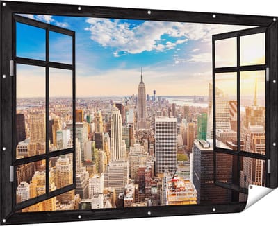 Gards Tuinposter Doorkijk New York Manhattan tijdens Zonsondergang - 180x120 cm - Tuindoek - Tuindecoratie - Wanddecoratie buiten - Tuinschilderij