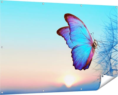 Gards Tuinposter Blauwe Vlinder bij Paardenbloemen - 150x100 cm - Tuindoek - Tuindecoratie - Wanddecoratie buiten - Tuinschilderij