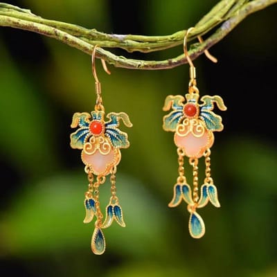 Natuurlijke Hetian Witte Jade Emaille Porselein Kwast Oorbellen voor Vrouwen Oude Gouden Ambacht Oude Rijm Hof Sieraden brown