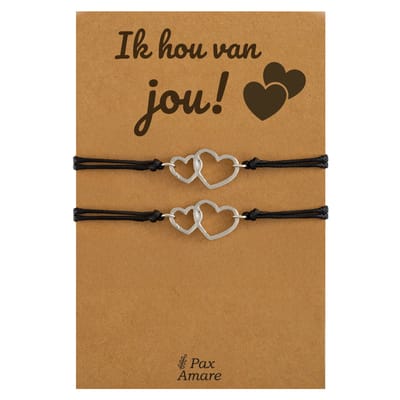 Vriendschapsarmbandjes voor 2 "Ik Hou van Jou" - Verbonden Hartjes - Koppel Armbandjes met Lief Cadeau Kaartje - Zilverkleurig - Elastisch Verstelbaar - Pax Amare