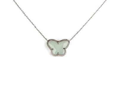 korte zilveren halsketting halssnoer collier gerhodineerd Model Vlinder met licht blauwe steen