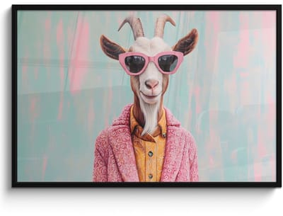 Poster in lijst - Fotolijst 120x80 cm - Posters - Zonnebril - Roze - Geit - Horen - Posterlijst zwart - Decoratie - Wanddecoratie woonkamer - Muurdecoratie slaapkamer