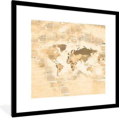 Poster in lijst - Fotolijst 40x40 cm - Posters - Wereldkaart - Vintage - Krantenpapier - Posterlijst zwart - Decoratie - Wanddecoratie woonkamer - Muurdecoratie slaapkamer