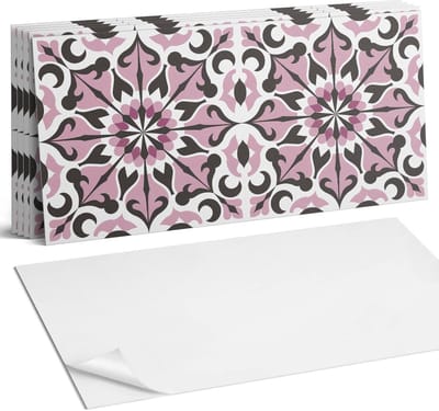Coloray Plaktegels - Plantenpatroon in symmetrie Wandtegel Zelfklevend - 60 cm x 30 cm - Roze Plaktegels - 6 stuks - Rechthoek PVC Tegels - Plaktegels Keuken - Zelfklevende Vloertegels Badkamer - Vinyl Tegels - Zelfklevende Wandtegels