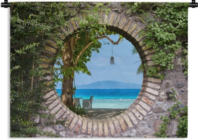 Wandkleed - Wanddoek - Strand - Doorkijk - Tropisch - Strandstoel - 120x90 cm - Wandtapijt