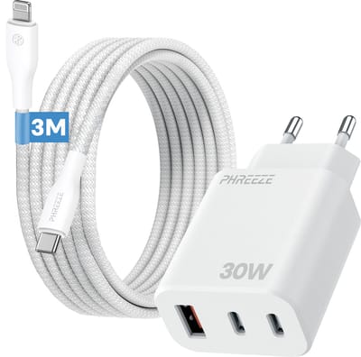 3 - Poorts usb adapter met 3m oplaadkabel geschikt voor iPhone 14 13 12 11 x - Usb oplaadstekker met meerdere poorten met power delivery kabel