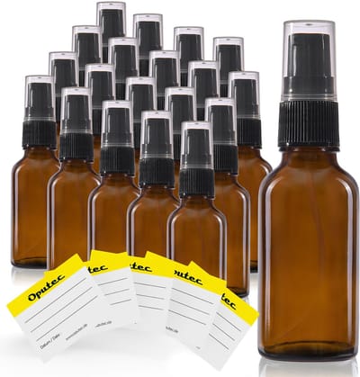 Oputec 20 x 30ml pompflessen – bruine glazen crèmespender & lotionspender – navulbaar & herbruikbaar – met etiketten – dicht & reisvriendelijk