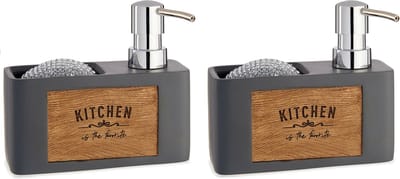 Arte R Zeeppompje/dispenser - 2x - met houder - kunststof hout - grijs - 15 x 13 cm - navulbaar - keuken/toilet/badkamer