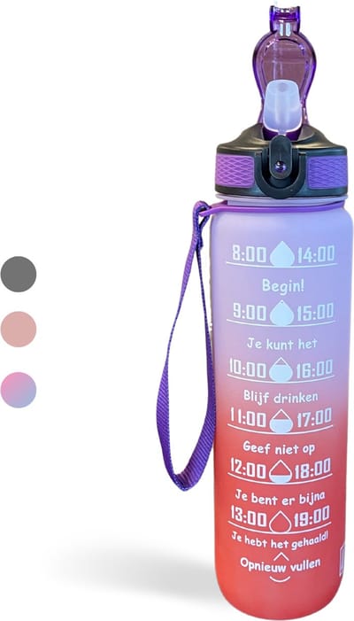 LaCardia Nederlandse Motivatie Waterfles 1 liter - Drinkfles met Rietje & Tijdmarkering - BPA vrij - Drinkbus voor Kinderen en Volwassenen - Sportfles & Travel mug - Paars Oranje