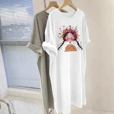 T-shirtrok van puur katoen voor dames, zomer, grote maat, losvallend, medium en lang, T-shirt met korte mouwen, top, temperamentvol, dun, knielengte jurk XL white