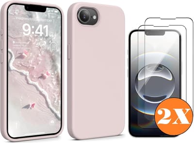 Hoesje geschikt voor iPhone 16e / iPhone 17e Hoesje siliconen Pink Sand zacht siliconen hoesje TPU - met Screenprotector iPhone 16e / iPhone 17e Gehard Glas - 2 stuks