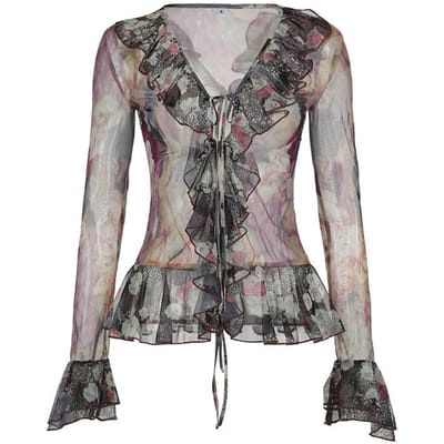 Bedrukte Top met Ruche Rand en Vetersluiting Retro Licht en Dun Niche Slim-fit Trompetmouw M