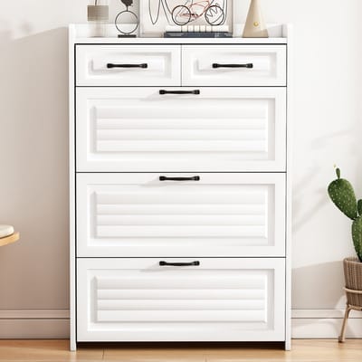 Schoenenkast - 80x23.5x131 cm wit - 3 kleppen & 2 laden - anti-kip - zwarte handgrepen