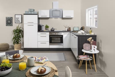 Hoekkeuken 260 cm - complete keuken met apparatuur Amanda - Eiken grijs/Wit - soft close - keramische kookplaat - vaatwasser - afzuigkap - oven - spoelbak