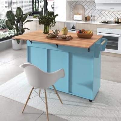 REDOM - Keukeneiland op wielen - inklapbaar werkblad en opbergruimte - 2 lades en verstelbare planken - MDF en fineer - Blauw - 129 x 71 x 91,5 cm