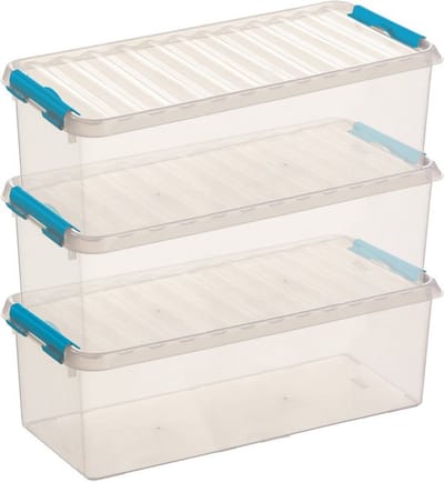 3x sunware q-line opberg box/opbergdoos - 9.5 liter - 48 x 19 x 15 cm - kunststof - opslagbox - transparant/blauw