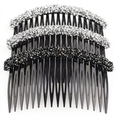 Set van 3 haar kammen – 2 zilverkleurige strass kammen + 1 zwarte strass kam – kunststof haaraccessoires met fijne tanden – geschikt voor dames – ideaal voor opsteekkapsels