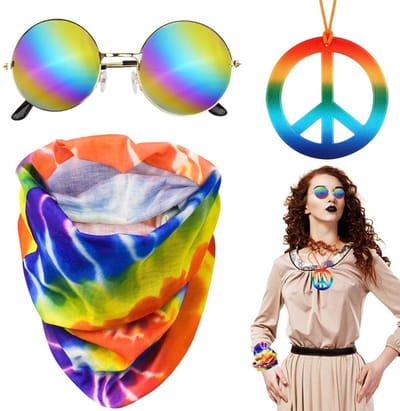 Dailygoods- Hippie-accessoires Kostuumset - Vredeshalsketting - Hippiebril - Hoofdband - Feestaccessoires - Geschikt voor volwassenen/kinderen - Kostuumaccessoires