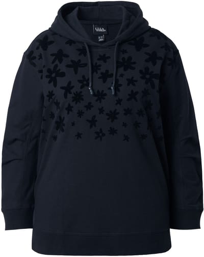 Ulla Popken - Dames - Hoodie bloemen relaxed capuchon lange mouwen - Zwart - Maat 42+