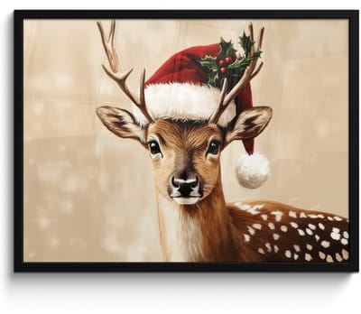 Poster in lijst - Fotolijst 80x60 cm - Posters - Kerst - Hert - Gewei - Rood - Posterlijst zwart - Decoratie - Wanddecoratie woonkamer - Muurdecoratie slaapkamer - Kerstversiering - Kerstdecoratie voor binnen - Kerstmis