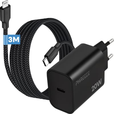 Phreeze usb C adapter met kabel geschikt voor iPhone en iPad met Lightning kabel - 3 meter - Snellader met kabel