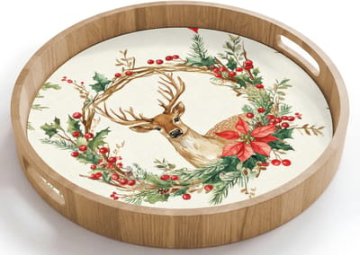 Dienblad rond 40x40 cm - Schootdienblad hout - Kerstkrans - Hert - Hulst - Rood - Borrelplank rechthoek - Plateau houten dienbladen