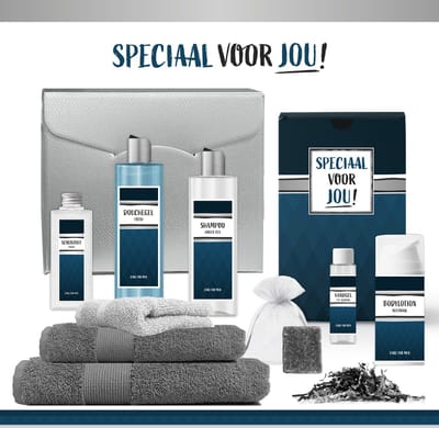 Geschenkset "Speciaal voor jou!" - 9 Producten - 1275 Gram | Giftset voor hem - Luxe cadeaubox man - Bedankt - Verjaardag - Pensioen - Jubileum - Zilver Wellness Pakket deluxe - Cadeau set - Badlaken - Badhanddoek - Vaderdag - Vader - Collega - Blauw