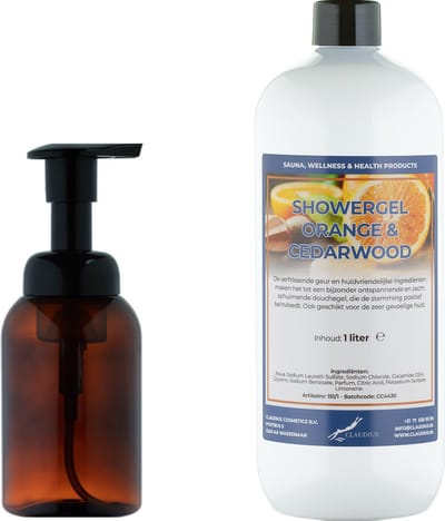 Zeepdispenser 300 ml amber bruin hervulbaar + 1 liter Showergel Sweet Orange & Cedarwood navulling