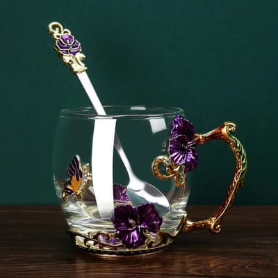 1 stuks Bloem Emaille Kristal Theekop Hittebestendige Koffiemok Vlinder Bloem Waterbekers Helder Glas met Lepel Set Koffiekop 330ml