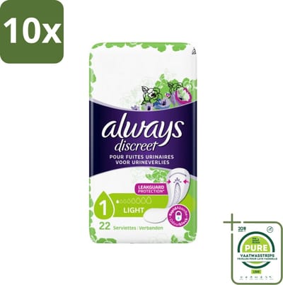 10 x Always Discreet - Maandverband - Lichte Bescherming - 22 Maandverbandjes - Grootverpakking - Always Discreet - Maandverband - Lichte Bescherming - Maandverbanden - Discreet Comfort