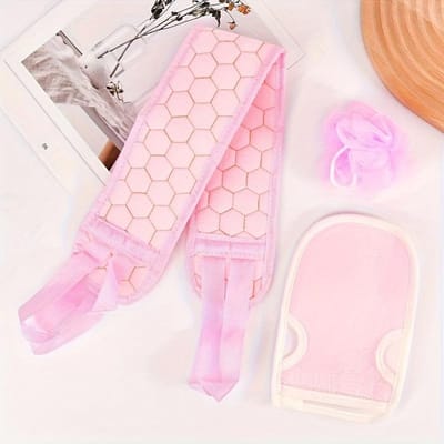3-delige Bad Exfoliërende Set - Bevat Badpons, Exfoliërende Handschoen & Rugschrobber Handdoek - Ideaal voor Spa, Massage & Lichaamsscrubs