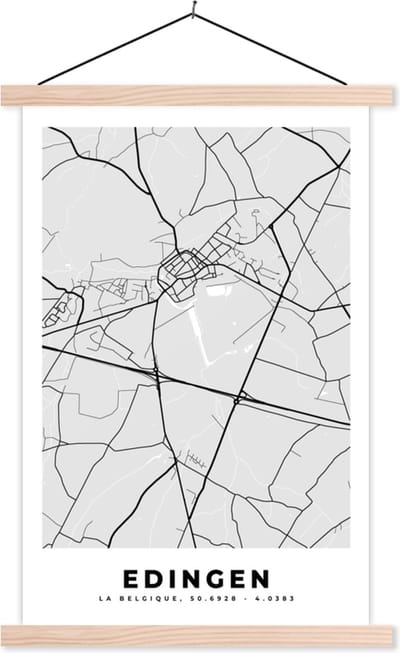 Posterhanger incl. Poster 40x60 cm - Schoolplaat - Kaart – Plattegrond – Stadskaart – Edingen – België – Zwart Wit - Textielposter - Blanke latten - Stadskaart