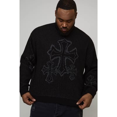 Plus oversized boxy pluizige cross jacquard gebreide trui | Black | Size 2XL