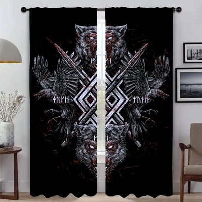 Rideaux de chambre élégants Vikings Odins Ravens Muninn 2 pièces Rideaux de fenêtre Rideaux pour chambre Décoration d'Halloween Enfant W50xH70cmx2pcs-CL