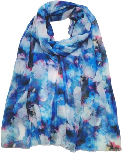 Lange dames sjaal Mia fantasiemotief blauw wit geel roze zwart