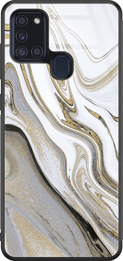 Hoesje geschikt voor Samsung Galaxy A21s - Marmer wit goud - Luxe Glazen Hardcase - Marmer - Grijs