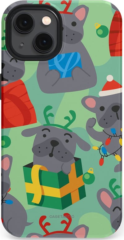Casetastic hoesje geschikt voor Apple iPhone 13 - MagSafe - Dubbellaagse bescherming - Hondje als Kerstcadeau - Fashion Case - Mintgroen Grijs Rood