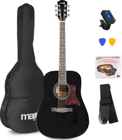 Akoestische gitaar voor beginners - MAX SoloJam Western gitaar 4/4 - incl. gitaar stemapparaat, gitaartas en 2x plectrum - Zwart