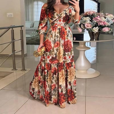 Lente Nieuwe Dameskleding Elegant en Modieus V-hals Print Driekwartmouw V-hals Jurk 3XL brown