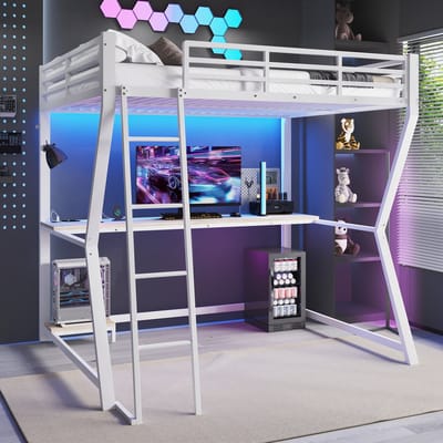 Wishdor – Hoogslaper 140x200 cm – Met Bureau, LED & Stopcontact – Inclusief USB – Smart & Strak – Metaal & MDF – Wit