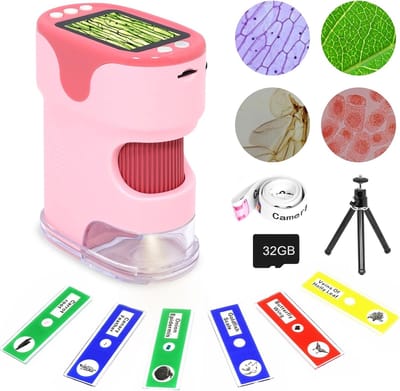 Microscoop - Microscoop voor kinderen - microscoopset - 1000x handmicroscoop voor kinderen, 2,0 inch scherm, mini-zakmicroscoop met draagbare diaset, educatief cadeau voor Kerstcadeau van 4-6 jaar, 8-12 jaar, kinderen en studenten （Roze）